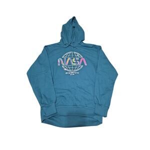 NASA Rainbow Logo Hoodie Small Teal Pullover Graphic Sweatshirt Unisex